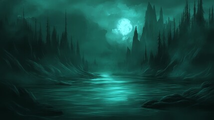  A river painting in a forest's heart, under a full moon's glow above the water