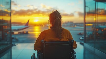 A wheelchair user advocates for accessible travel at the airport during sunset