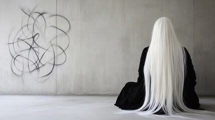  A woman with long white hair sits before a graffiti-covered wall, her position on the floor
