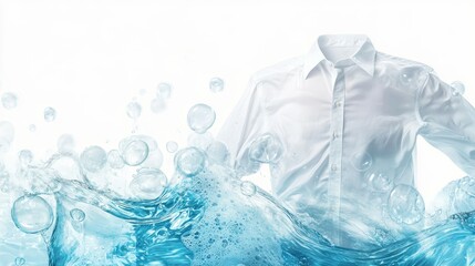 A digitally enhanced image of a white shirt soaking in a blue bath filled with detergent, with soap bubbles rising against a white background
