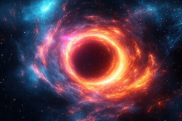 Obraz premium A glowing black hole in a nebula with swirling blue and red gas.