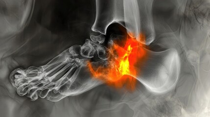 A digitally enhanced X-ray image of the hallux MTP1 joint after resection arthroplasty, showcasing bone block distraction arthrodesis