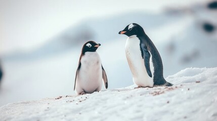 Fototapeta premium Artistic watercolor depiction of two penguins on a frozen landscape, capturing family warmth.