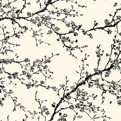 Obraz premium A delicate pattern of intertwining branches and blossoms, captured in black against a light background, evoking a serene, natural aesthetic. Seamless pattern