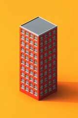 A tall building with red walls and gray windows on an orange background, rendered in an isometric style.