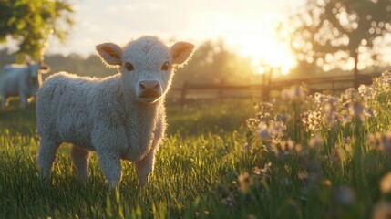 Obraz premium Baby cow in grassy field, golden light filtering through, simple and peaceful nature scene.