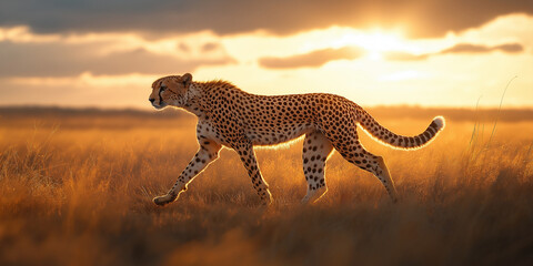 Obraz premium Cheetah Walking at Sunset