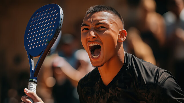 Intense celebration from padel player after winning point, showcasing passion and energy