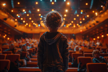 Fototapeta premium Designed with generative ai rear view photo of a beautiful talented boy standing on a stage with illumination