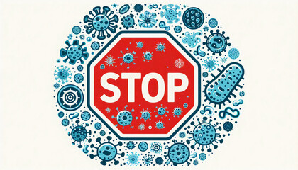 A stop sign illustration surrounded by virus and bacteria icons, representing health warnings and infection control