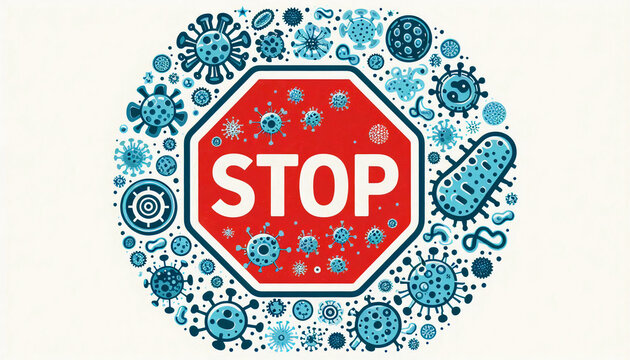 A stop sign illustration surrounded by virus and bacteria icons, representing health warnings and infection control