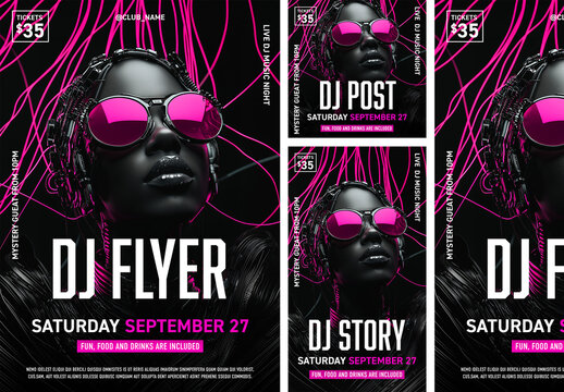 Magenta colored DJ Poster / flyer design with social media variation designs