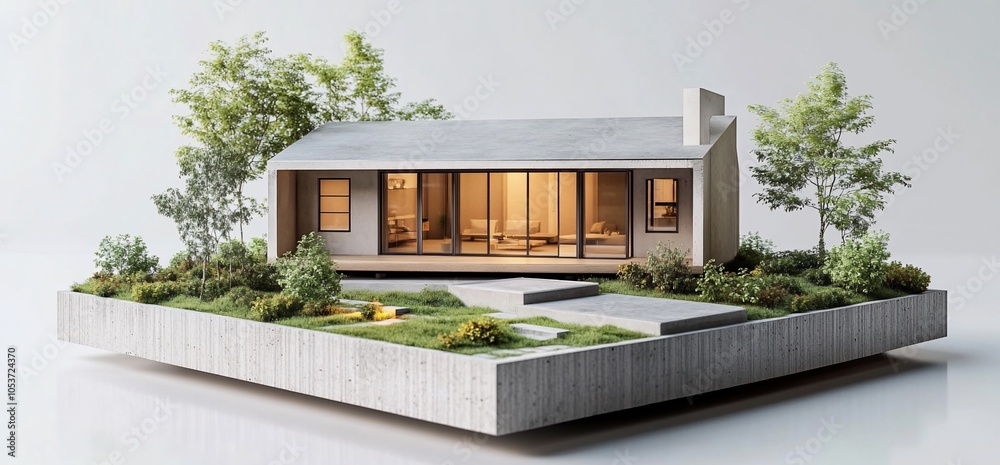 Aufkleber miniature house with a garden on a floating platform with a white background.