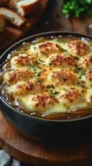 Baked french onion soup topped with cheese.