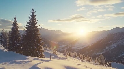 Solitary Figure Standing on a Snow-Covered Mountain Peak at Sunset