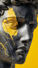 Close-up of cracked black marble statue with vibrant yellow accent