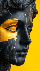 Close-up of cracked black marble statue with vibrant yellow accent