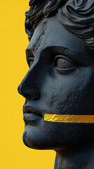 Close-up of cracked black marble statue with vibrant yellow accent