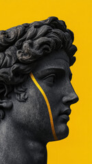 Close-up of cracked black marble statue with vibrant yellow accent