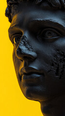 Close-up of black textured statue face against vibrant yellow background