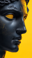 Close-up of black textured statue face against vibrant yellow background