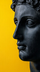 Close-up of black textured statue face against vibrant yellow background