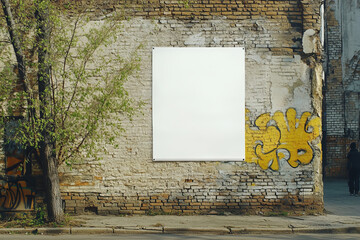 Blank poster on brick wall with graffiti and tree nearby