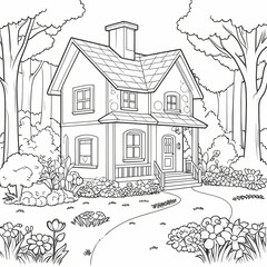 Naklejka premium Children’s Coloring Book - House in the Forest with Yard and Flowers