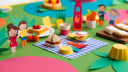 Colorful picnic scene with playful paper cutouts, featuring food items and cheerful characters. vibrant setting evokes sense of joy and creativity