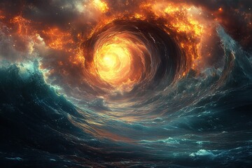 A swirling vortex of fire and water creates a dramatic and ethereal scene.