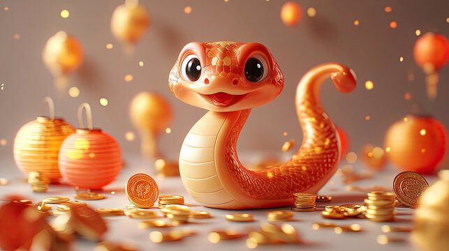 Chinese new year 2025. A snake with a traditional red Oriental lantern