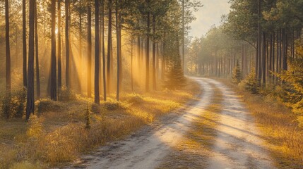 Obraz premium A dirt path, encircled by trees, winds through a forest; sun beams filtering through their verdant canopy