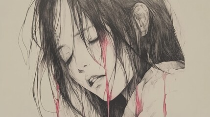 Naklejka premium A woman depicted with one hand cradling her bleeding head, the other close to her face as red droplets fall