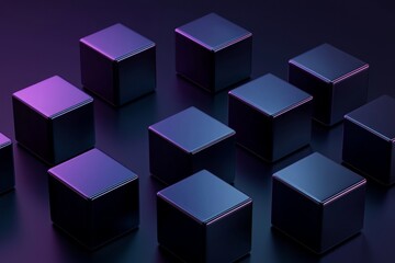 Obraz premium Cubes in different arrangement, dark blue and purple gradient color on a dark color background