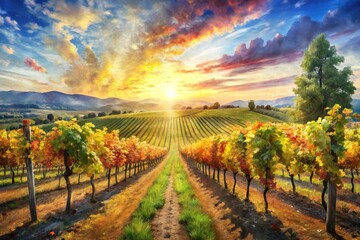 Naklejka premium radiant watercolor, vineyard, late summer, wide-angle, landscape, scenic view, countryside, nature, agriculture