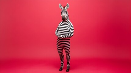 Zebra Dressed as Human Standing Against Solid Red Background