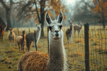 Naklejka premium Generated AI portrait of brown or beige alpaca on a green field grass