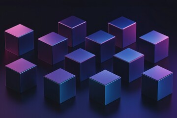Fototapeta premium Cubes in different arrangement, dark blue and purple gradient color on a dark color background