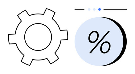 Gear and percentage symbols next to a progress indicator with three dots. Ideal for productivity, progress tracking, efficiency, statistics, data analysis, business, and technology themes. Line