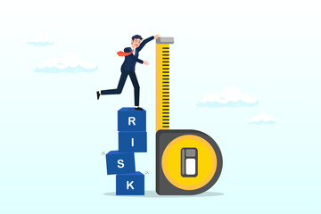 Businessman investor stand on stack of risk boxes measure his assessment, risk assessment, analyse potential danger level, measure money loss acceptable for investing, control or limit loss concept