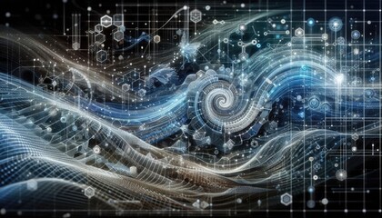 Fototapeta premium Detailed Abstract Digital Illustration of Machine Learning with 3D Geometric Shapes, Data Layers, and AI Algorithms in a Futuristic High-Tech Style