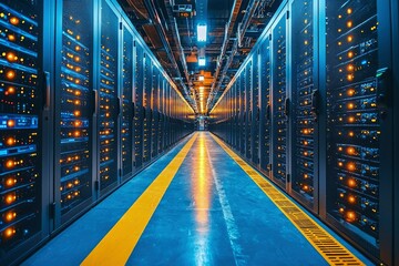 Fototapeta premium Rows of server racks in a modern data center with yellow warning stripes on the floor