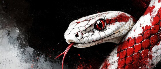 Fototapeta premium A tight shot of a snake's head against red-and-white striped snake skin, dotted with blood splatters