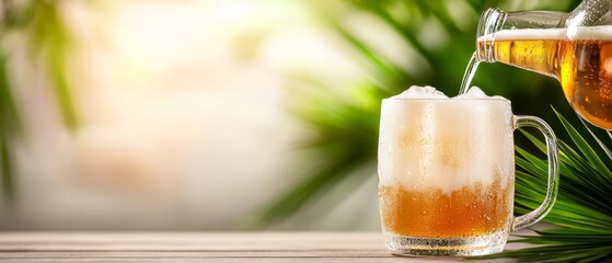  A pitcher pours beer into a mug filled with ice A glass of beer sits on the table