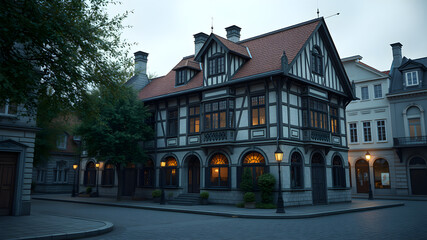 Obraz premium A small town street with a large building with a red roof