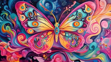 Colorful abstract butterfly painted in swirling patterns, vibrant and full of energy.