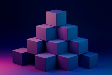 Obraz premium Cubes in different arrangement, dark blue and purple gradient color on a dark color background