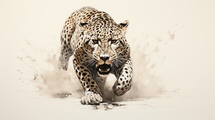 Naklejka premium A fierce leopard with a snarling face runs towards the viewer, its paws creating splashes of water.