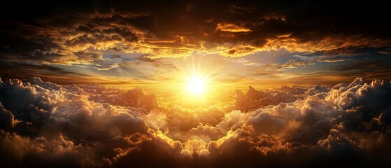 Fototapeta premium The sun radiates brilliantly against the gloomy, cloud-filled sky, casting light on a sea of white and yellow clouds