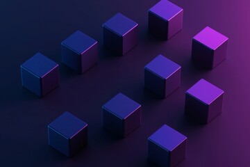 Obraz premium Cubes in different arrangement, dark blue and purple gradient color on a dark color background
